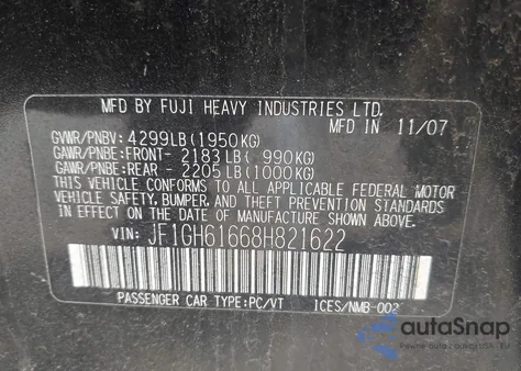 2008 Subaru Impreza 2.5I from USA, damaged, VIN JF1GH61668H821622